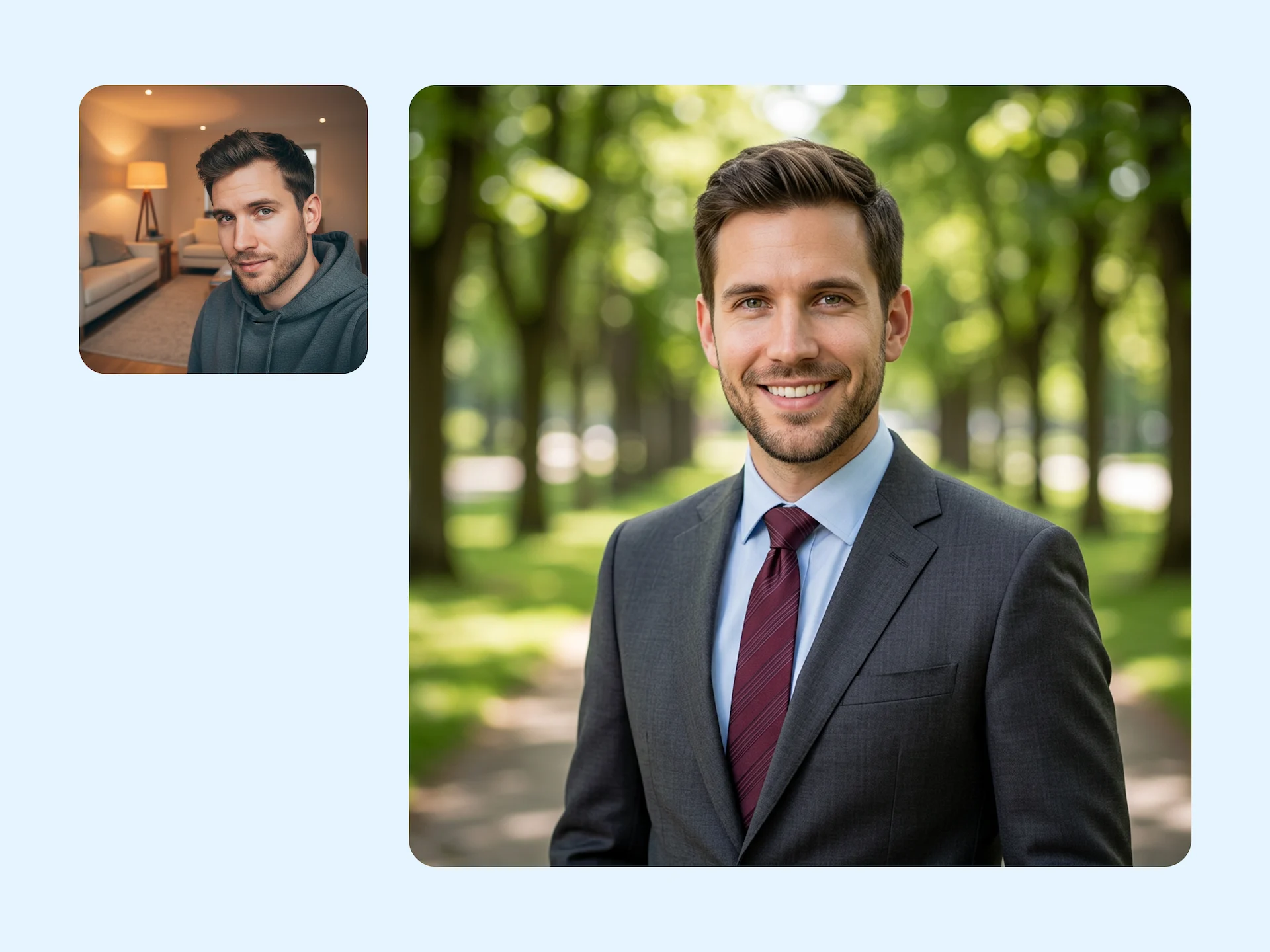 AI headshot generator feature: studio-quality professional portrait created from a casual selfie