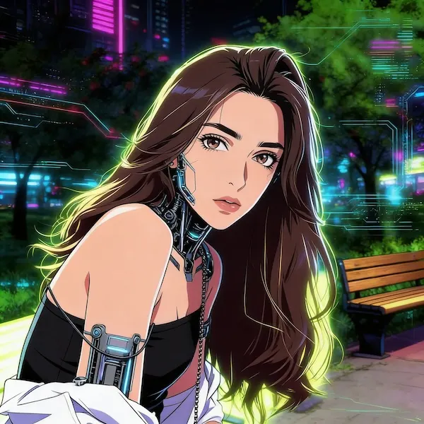 Cyberpunk anime style, futuristic tech feel, strictly keep original background structure and character features. Glowing neon lighting, subtle electronic circuits and mechanical details overlay, dark city atmosphere color grading, sharp lines, cinematic sci-fi rendering, high contrast, 8k.