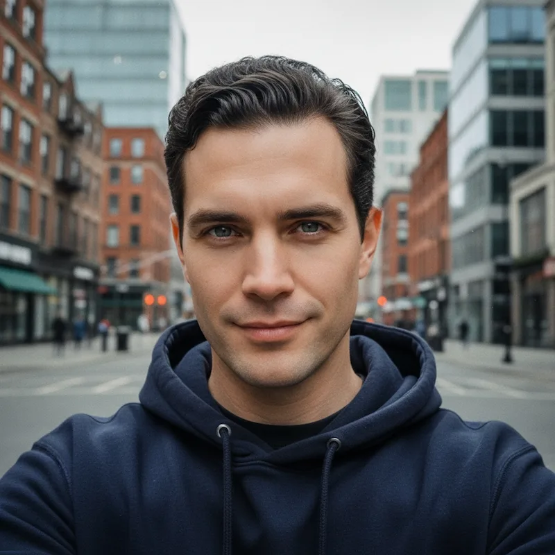 Original reference image for: AI generated headshot: Male wearing a classic navy suit, nature background, angled relaxed stand pose
