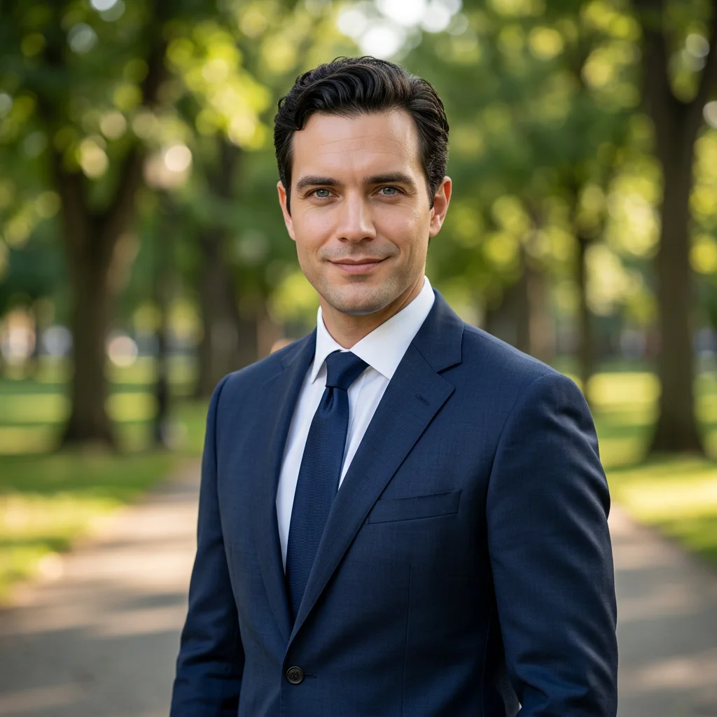 AI generated headshot: Male wearing a classic navy suit, nature background, angled relaxed stand pose