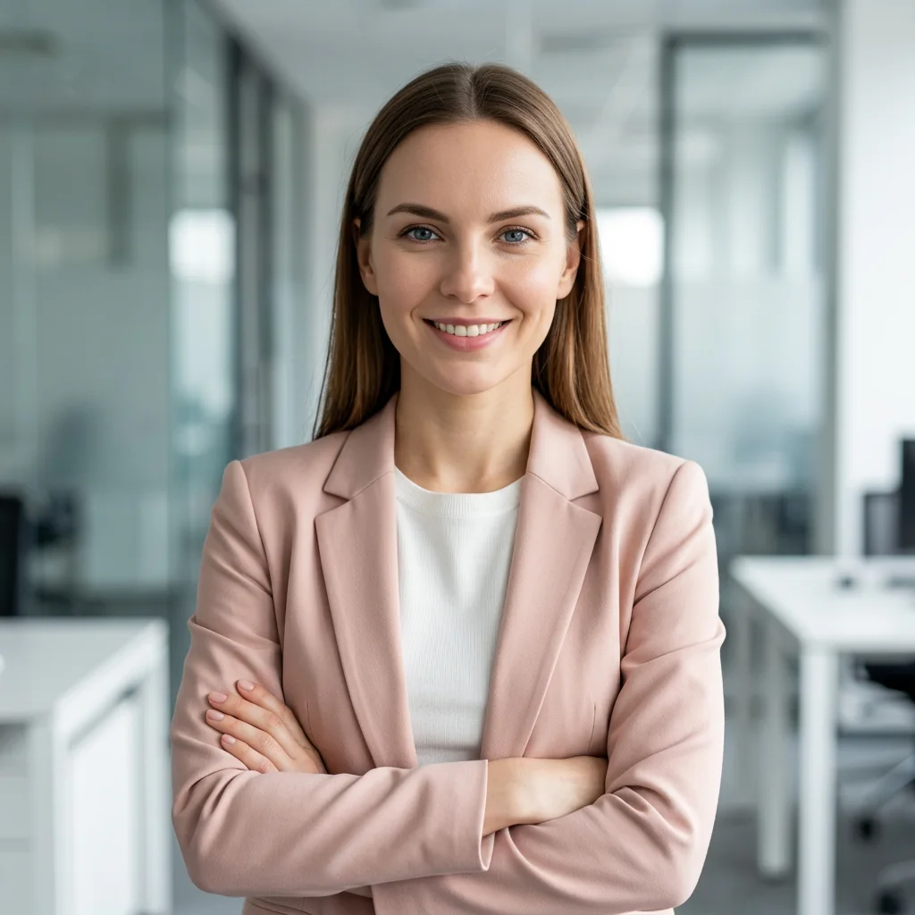 AI generated headshot: Female wearing a pink blazer, office background, classic arms crossed pose