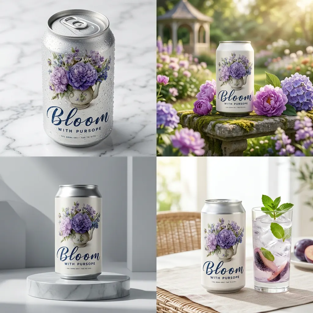 A 2x2 grid collage of four distinct, high-end commercial advertisement posters for a premium soda can.
The Product: Apply the design from Image 1 to the can in Image 2.
The 4 Grid Layout:
Top Left: A macro close-up of the can on a white marble surface, showing realistic condensation droplets and crisp details of the watercolor texture.
Top Right: The can placed in a sun-drenched spring garden, surrounded by real purple flowers, soft bokeh background, natural morning light.
Bottom Left: A minimalist studio shot on a reflective light-grey pedestal, dramatic side lighting highlighting the metallic sheen of the can top.
Bottom Right: A lifestyle shot of the can next to a clear glass of ice and a sprig of mint, bright and refreshing aesthetic, high-key lighting.