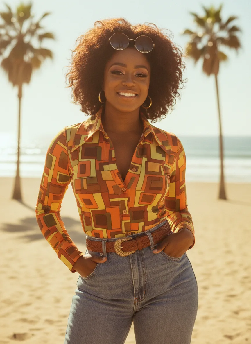 AI generated image: Based on the person in the provided image, transform their entire look to match the 1970s vintage ae