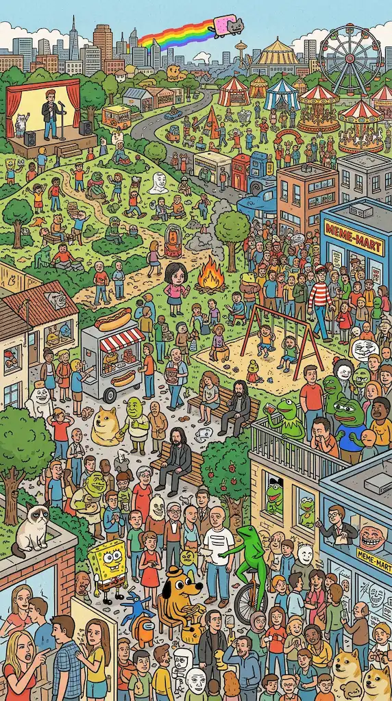AI generated image: every known meme character in the style of 'Where's Wally'