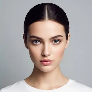 Original reference image for: AI generated image: Jaw-length Brow Fringe Bob, wispy eyebrow-grazing bangs, loose tousled waves, textured layers, effor