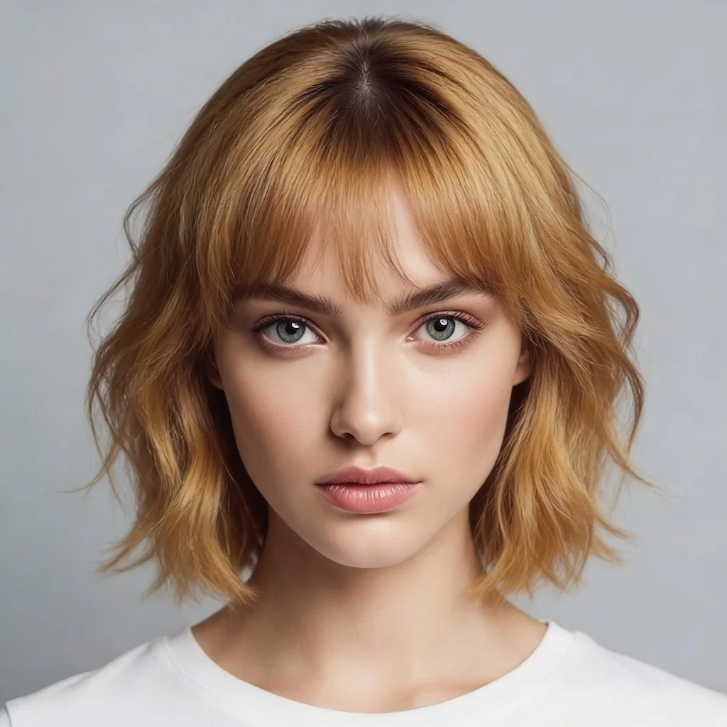 AI generated image: Jaw-length Brow Fringe Bob, wispy eyebrow-grazing bangs, loose tousled waves, textured layers, effor