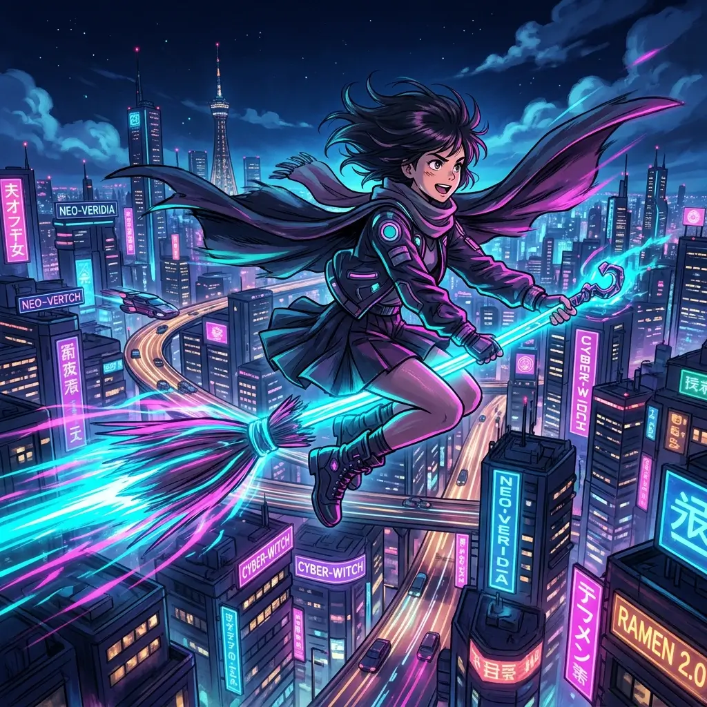 AI generated image: A visually stunning anime-style illustration of a cool young witch flying on a glowing neon broomsti