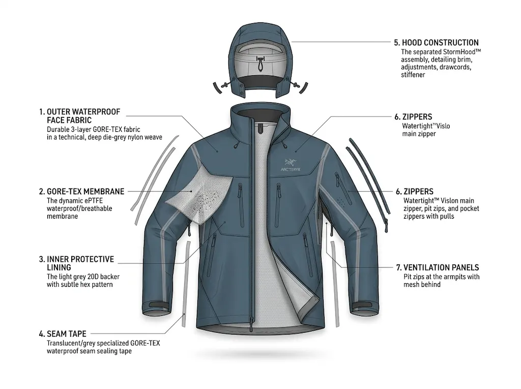 AI generated image: Minimalist technical illustration of an Arc'teryx shell jacket, shown in an exploded view