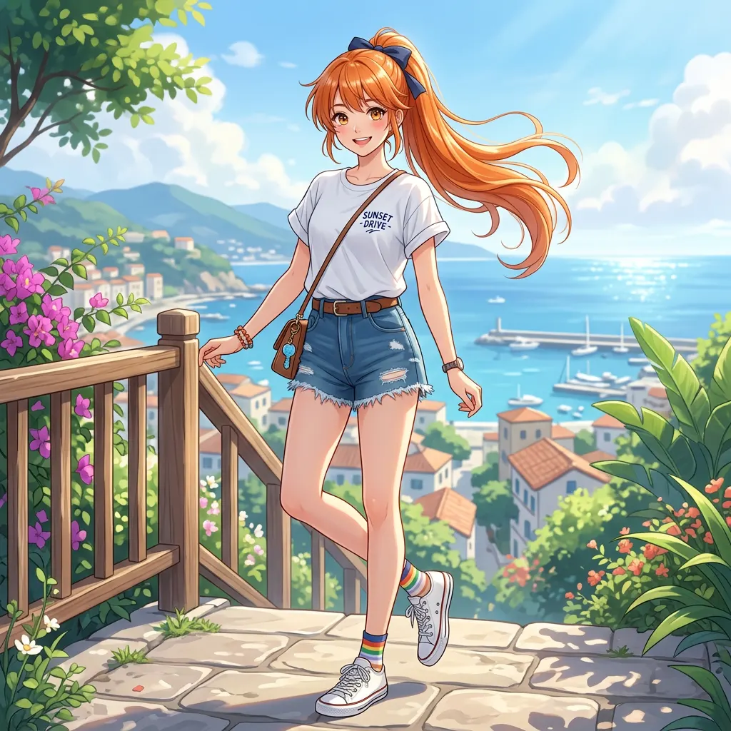 AI generated image: An Asian teenage girl, long orange ponytail, white T-shirt, denim shorts, slim tall body, long legs,