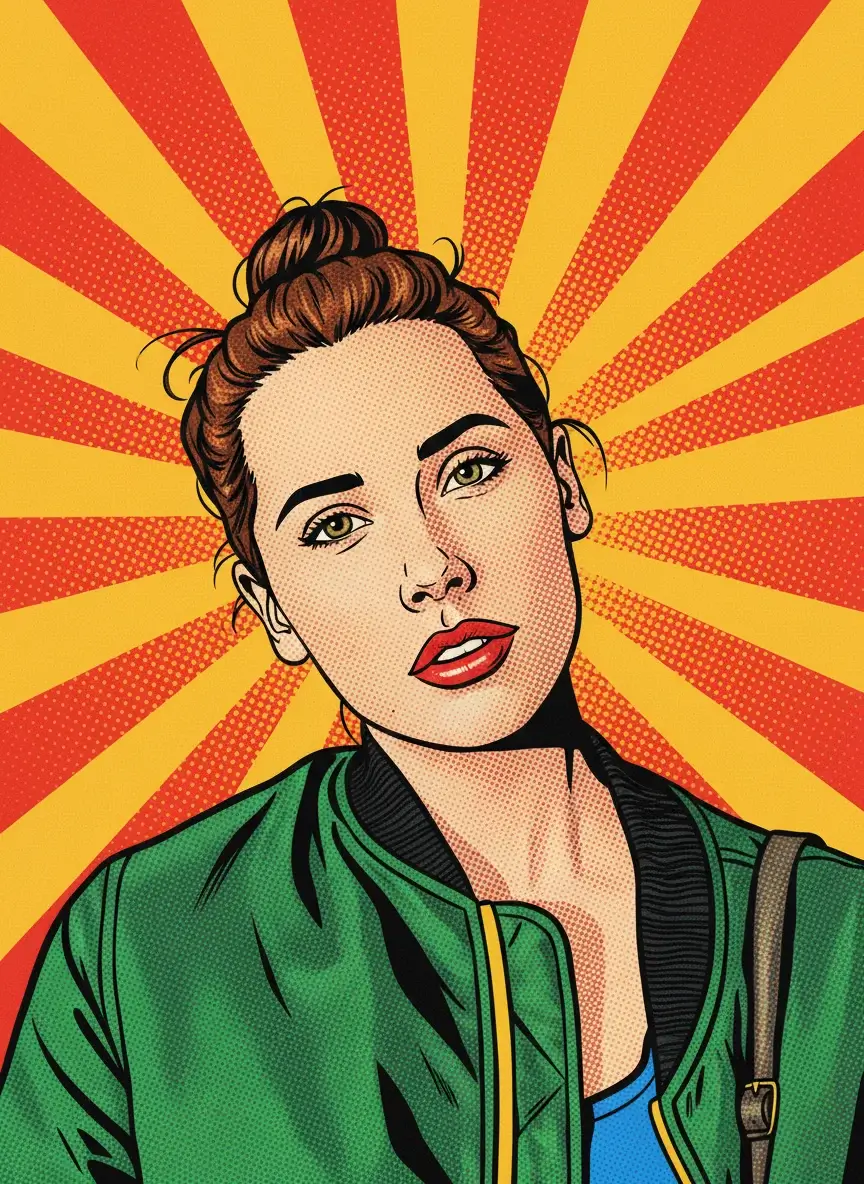 AI generated image: A portrait of the subject from the first image in a 1960s comic-book pop-art style