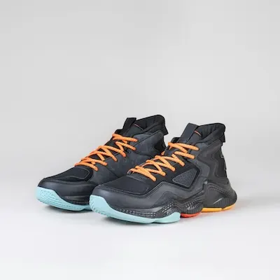 Explosive athletic footwear poster, black and orange basketball shoes in mid-air dynamic angle foreground, background of neon-lit urban street court with extreme motion blur and flying sparks, striking vibrant orange and cyan contrast tones. Bold distressed 3D font "COURT DOMINATOR", "Elevate Your Game" below, igniting competitive passion.