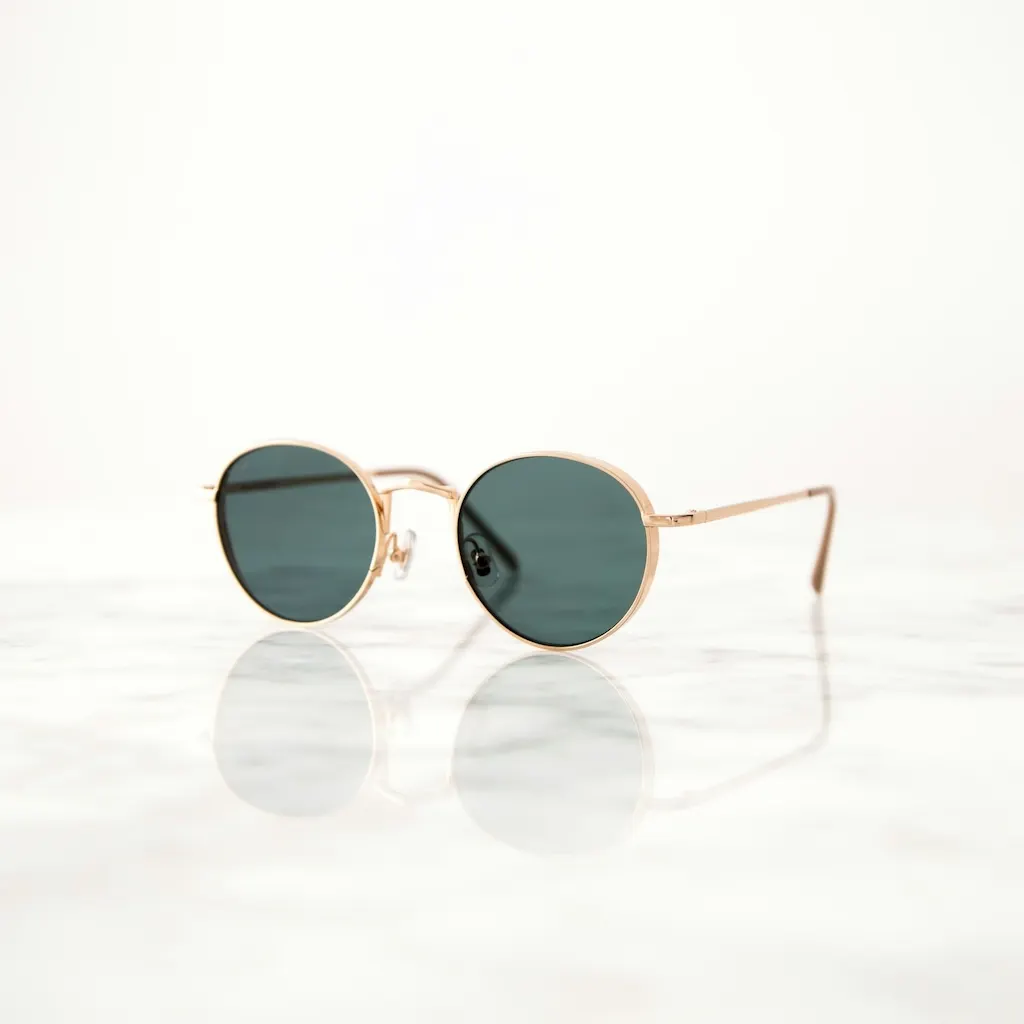 Original reference image for: AI generated image: A luxurious commercial promotional poster featuring retro-chic round sunglasses with delicate gold m