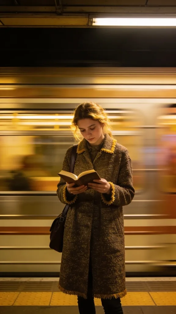 AI generated image: A cinematic street-style moment captured in motion: a young woman stands still on a subway platform,