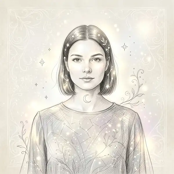 Transform photo into aesthetic refined sketch, ethereal beauty, soft glowing highlights, fairy tale book illustration.