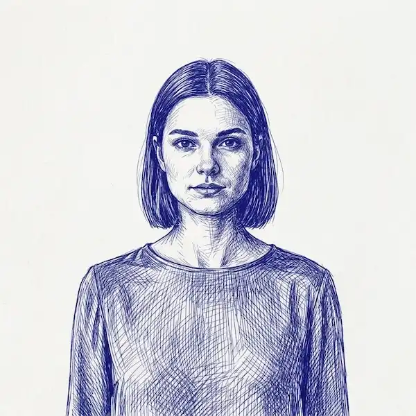 Transform photo into blue ballpoint pen sketch, dense scribbled lines, complex cross-hatched shadow textures.