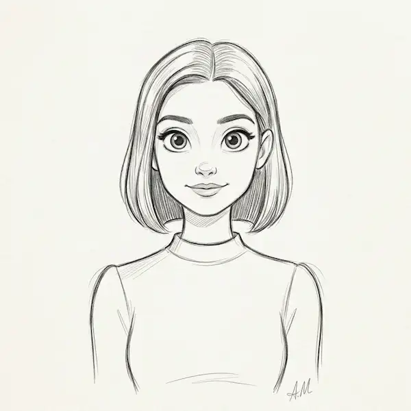 Transform photo into Disney cartoon style sketch, stylized proportions, expressive big eyes, clean cute pencil lines.