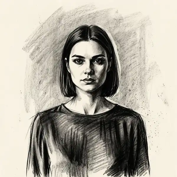 Transform photo into expressive charcoal drawing, bold powerful black strokes, strong light-dark contrast, rich blended shadows.