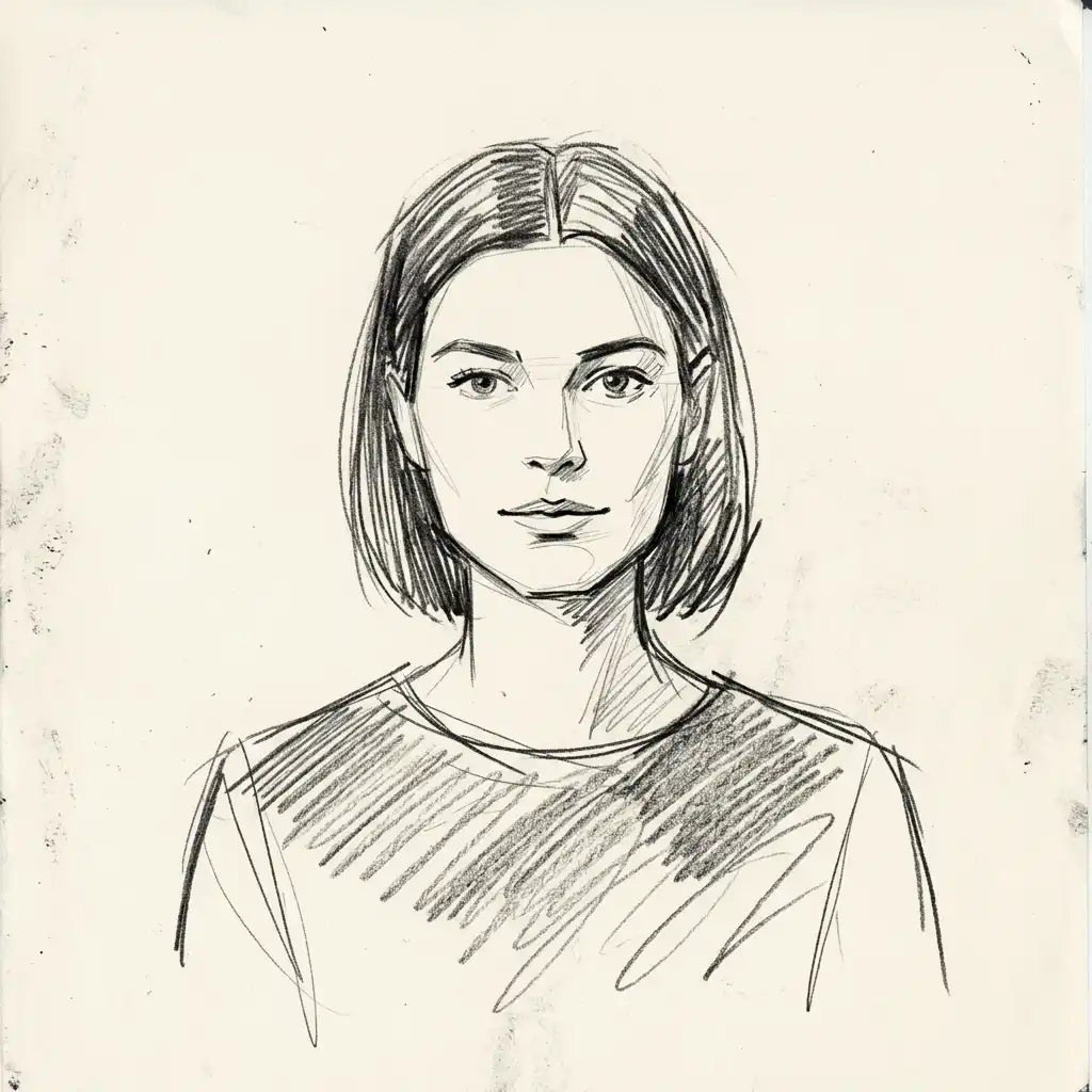 Transform photo into quick rough sketch, dynamic loose lines, unfinished edges, capturing expression with few strokes.