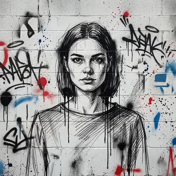 Transform photo into graffiti sketch style, spray paint drips mixed with rough pencil marks, avant-garde and urban.