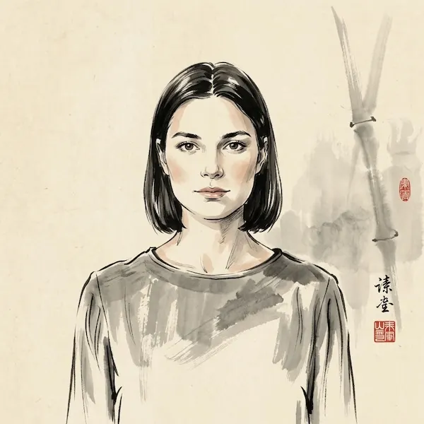 Transform photo into Asian traditional brush ink sketch, richly varied line thickness, flowing ink painting strokes, zen aesthetics.