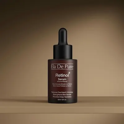 A serene and organic skincare staging. The product is placed in a shallow pool of crystal-clear water with gentle, elegant ripples expanding outward. The background features warm, amber-toned lighting to complement the bottle. Sunlight shines through the leaves of a Monstera plant out of frame, casting soft, dappled botanical shadows across the background and the water's surface. The lighting resembles a warm 'golden hour', highlighting the purity, hydration, and high-end scientific nature of the product.