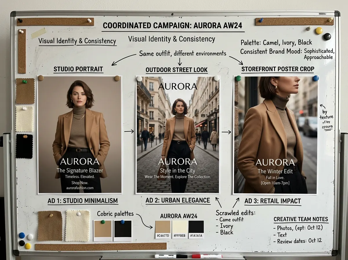 Nano Banana 2 campaign board with consistent model identity across three branded ad variations