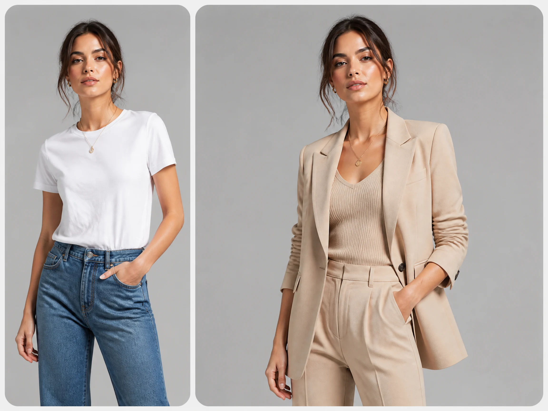 Editorial-style AI clothes changer illustration with a smaller original model photo in the upper left and a larger outfit-changed result on the right.