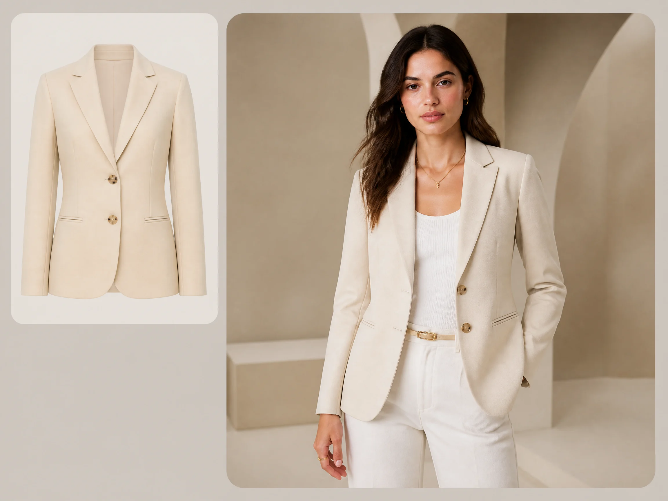 Editorial-style AI clothing model illustration with a smaller blazer source image in the upper left and a larger ecommerce try-on result on the right.
