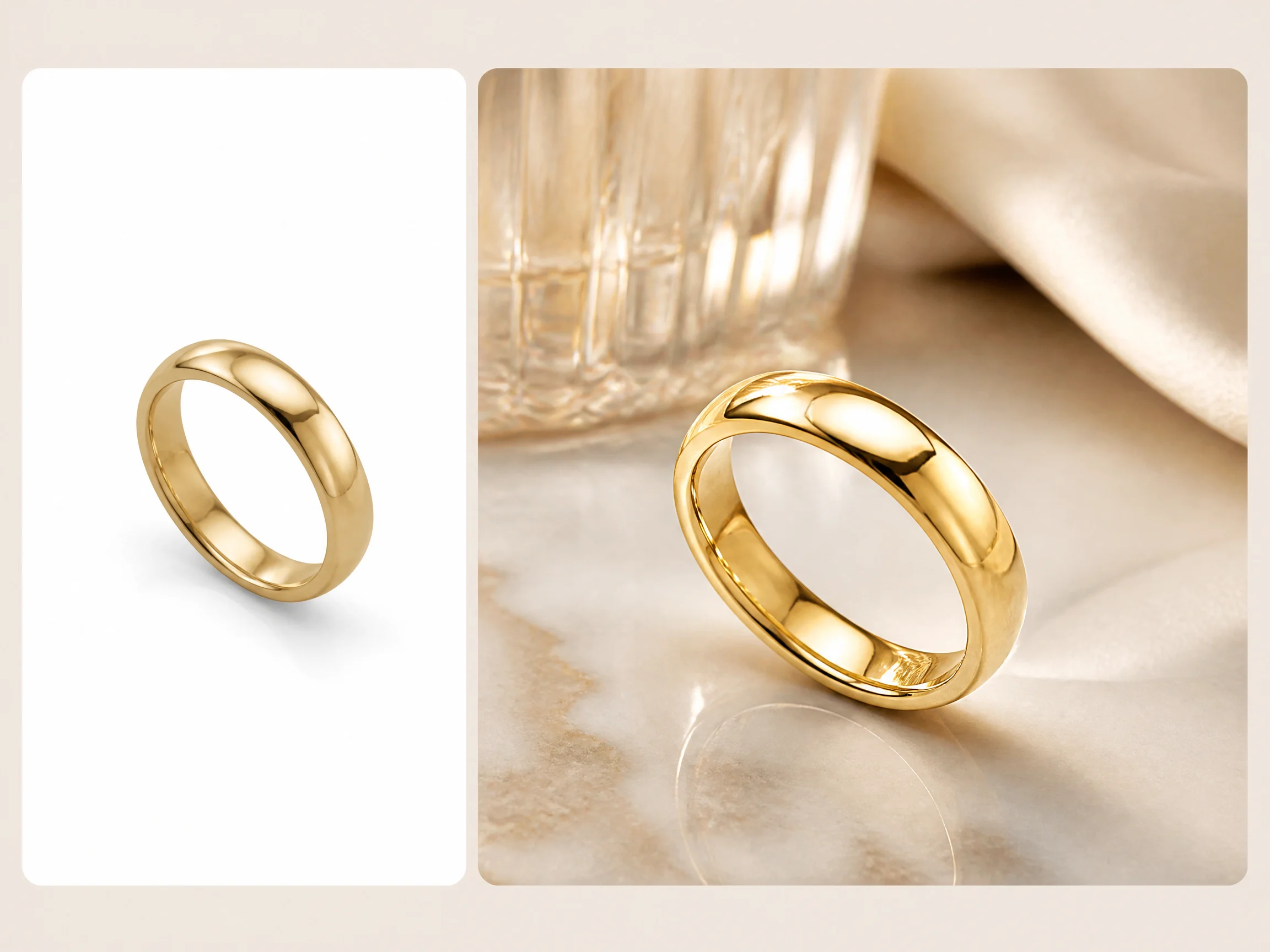 Editorial-style jewelry product staging illustration with a smaller gold ring source image in the upper left and a larger premium jewelry scene on the right.