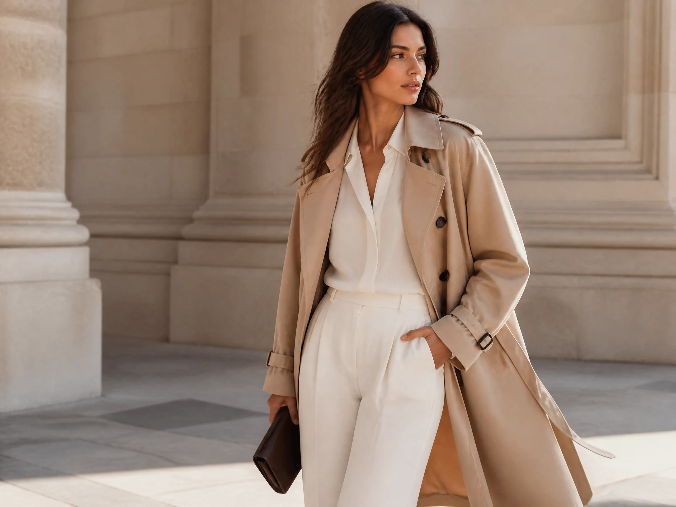 Photorealistic single-image AI fashion lookbook visual featuring a model in a beige trench coat with premium editorial styling and seasonal collection atmosphere.