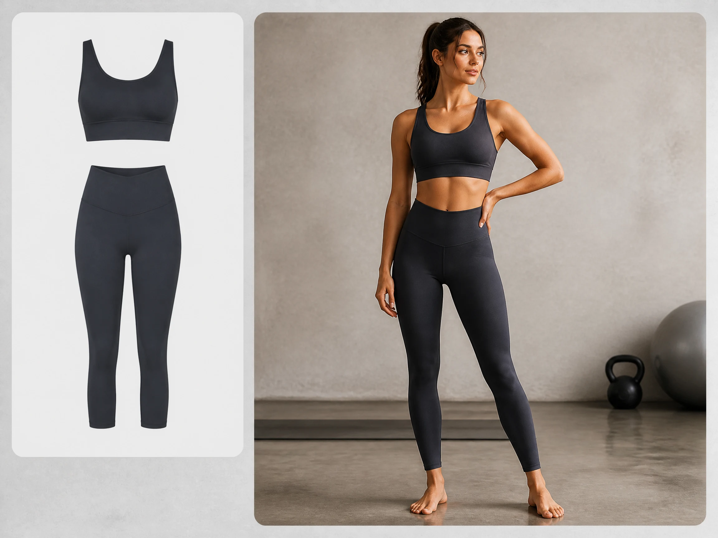 Editorial-style activewear AI model illustration with a smaller activewear set source image in the upper left and a larger on-model result on the right.