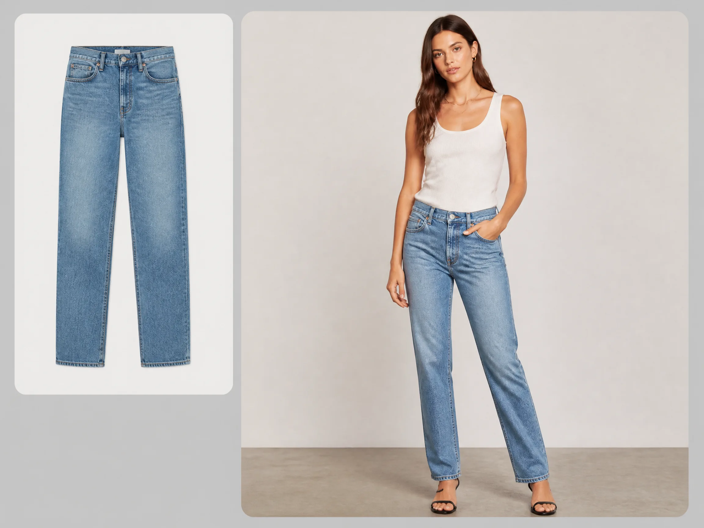 Editorial-style denim AI model illustration with a smaller jeans source image in the upper left and a larger on-model result on the right.