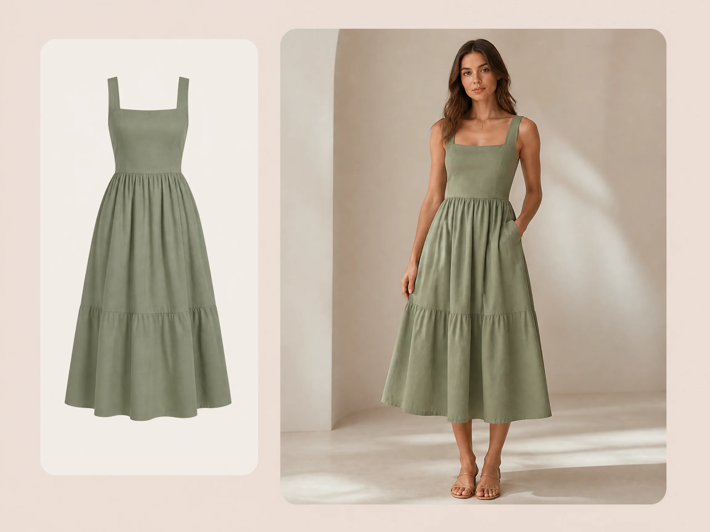 Editorial-style dress AI model illustration with a smaller midi dress source image in the upper left and a larger on-model result on the right.