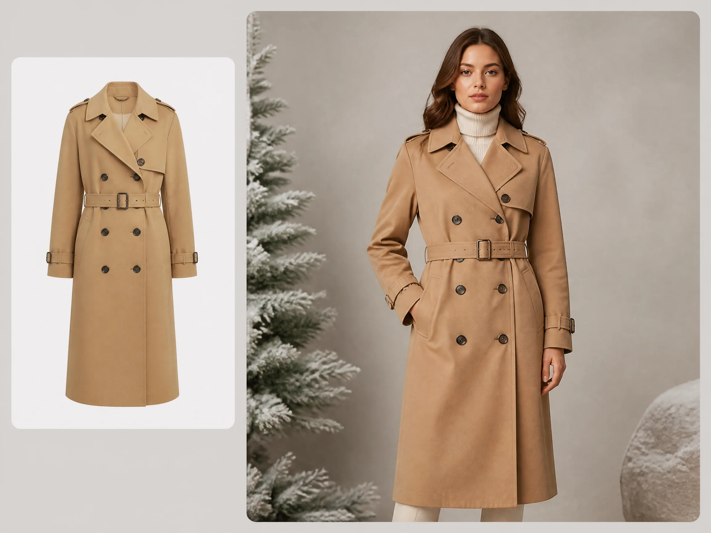 Editorial-style outerwear AI model illustration with a smaller trench coat source image in the upper left and a larger on-model result on the right.