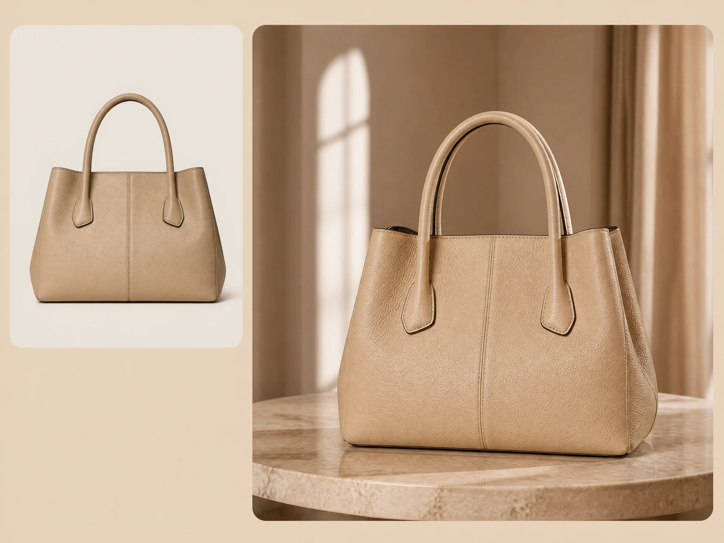 Editorial-style AI product photography illustration with a smaller handbag packshot in the upper left and a larger premium staged scene on the right.