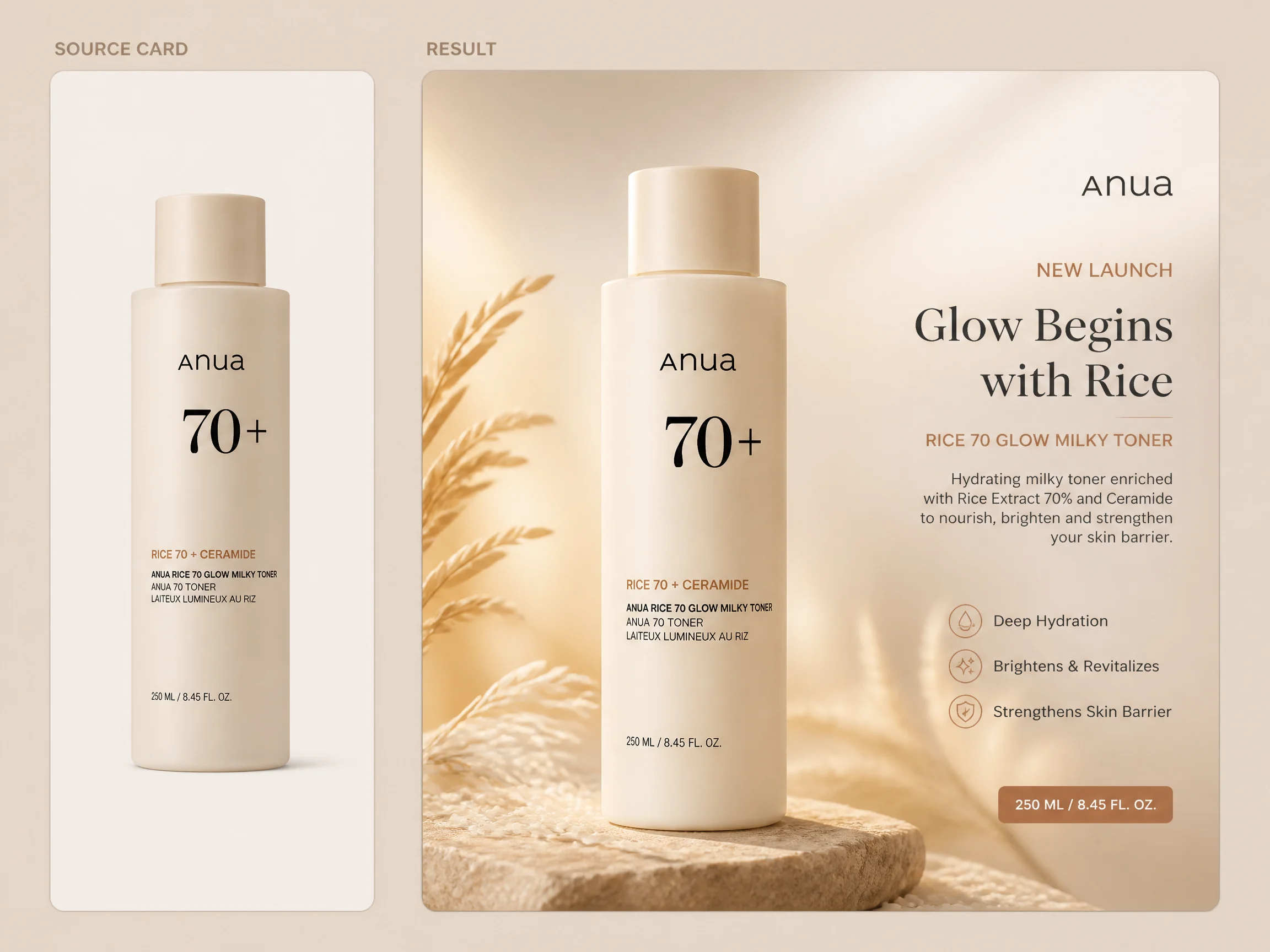 Editorial-style AI product poster illustration with a smaller skincare bottle source image in the upper left and a larger poster-style ad result on the right.