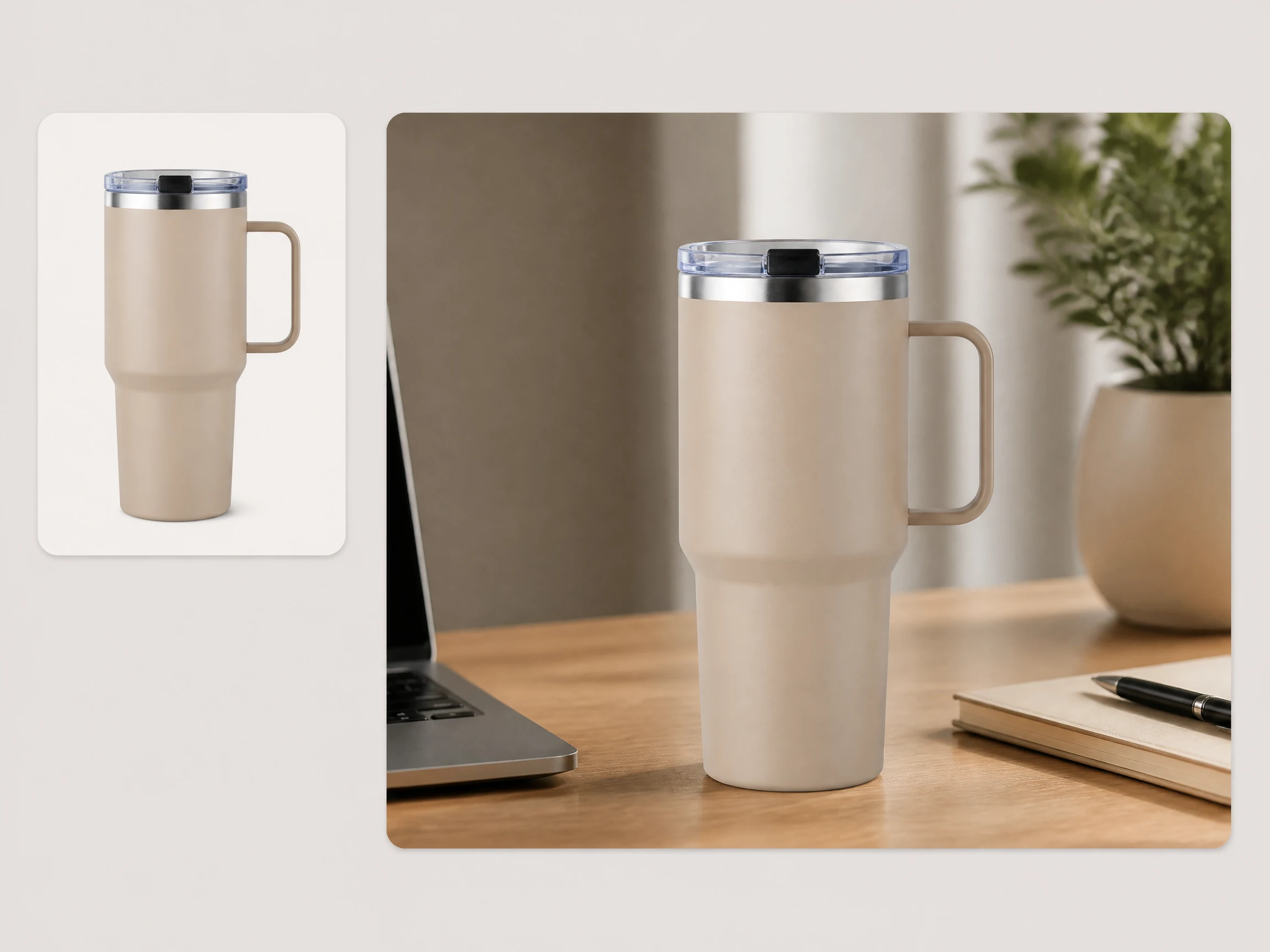 Editorial-style Amazon lifestyle image illustration with a smaller tumbler packshot in the upper left and a larger premium lifestyle staging result on the right.