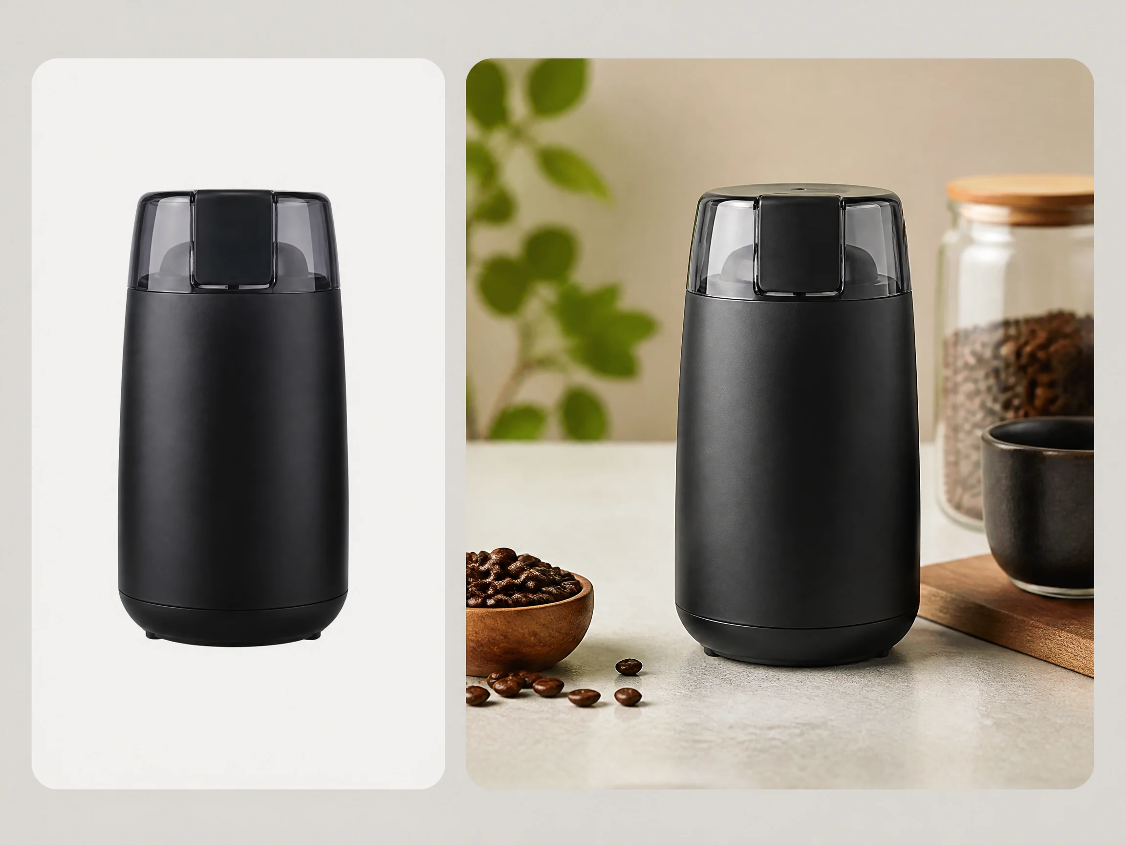 Editorial-style Amazon product image illustration with a smaller grinder packshot in the upper left and a larger premium marketplace-ready result on the right.