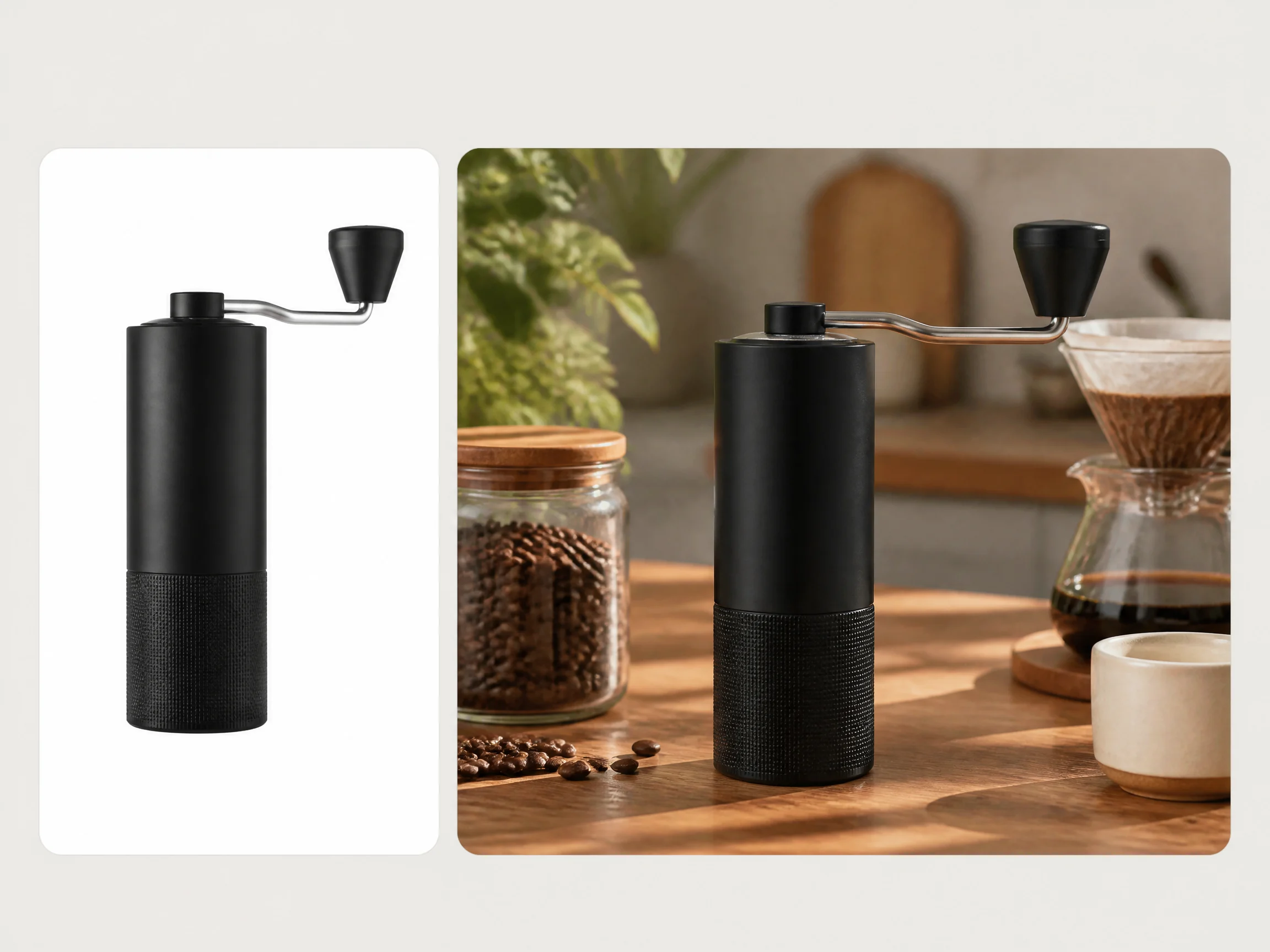 Editorial-style Amazon secondary image illustration with a smaller coffee grinder packshot in the upper left and a larger contextual secondary listing result on the right.