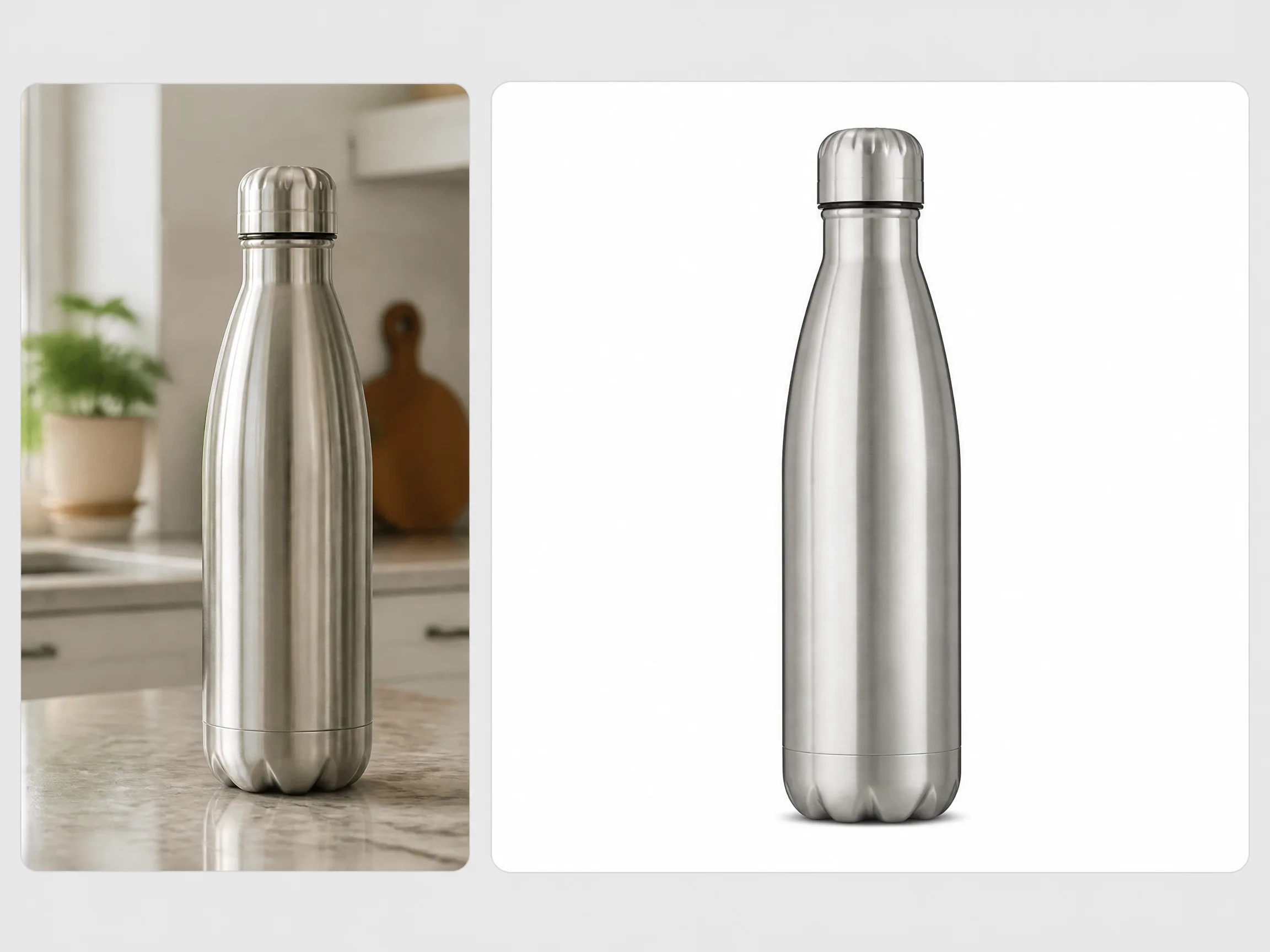 Editorial-style Amazon white background illustration with a smaller original bottle photo in the upper left and a larger pure white marketplace-ready result on the right.