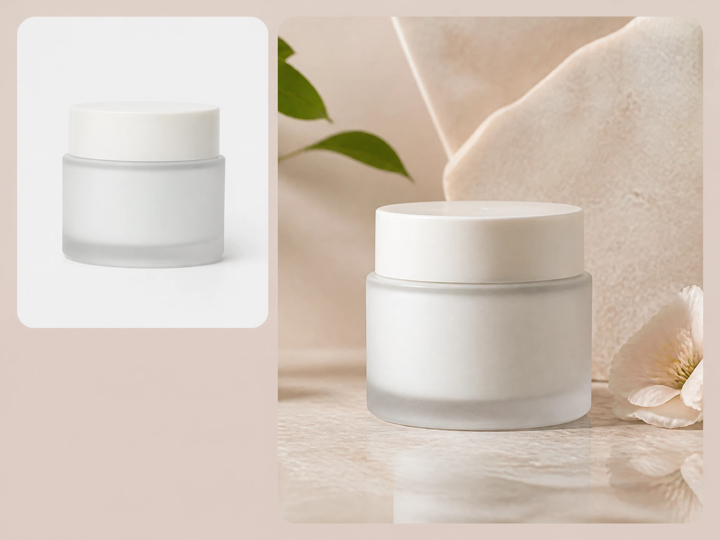 Editorial-style beauty product photography illustration with a smaller skincare jar packshot in the upper left and a larger premium beauty scene on the right.