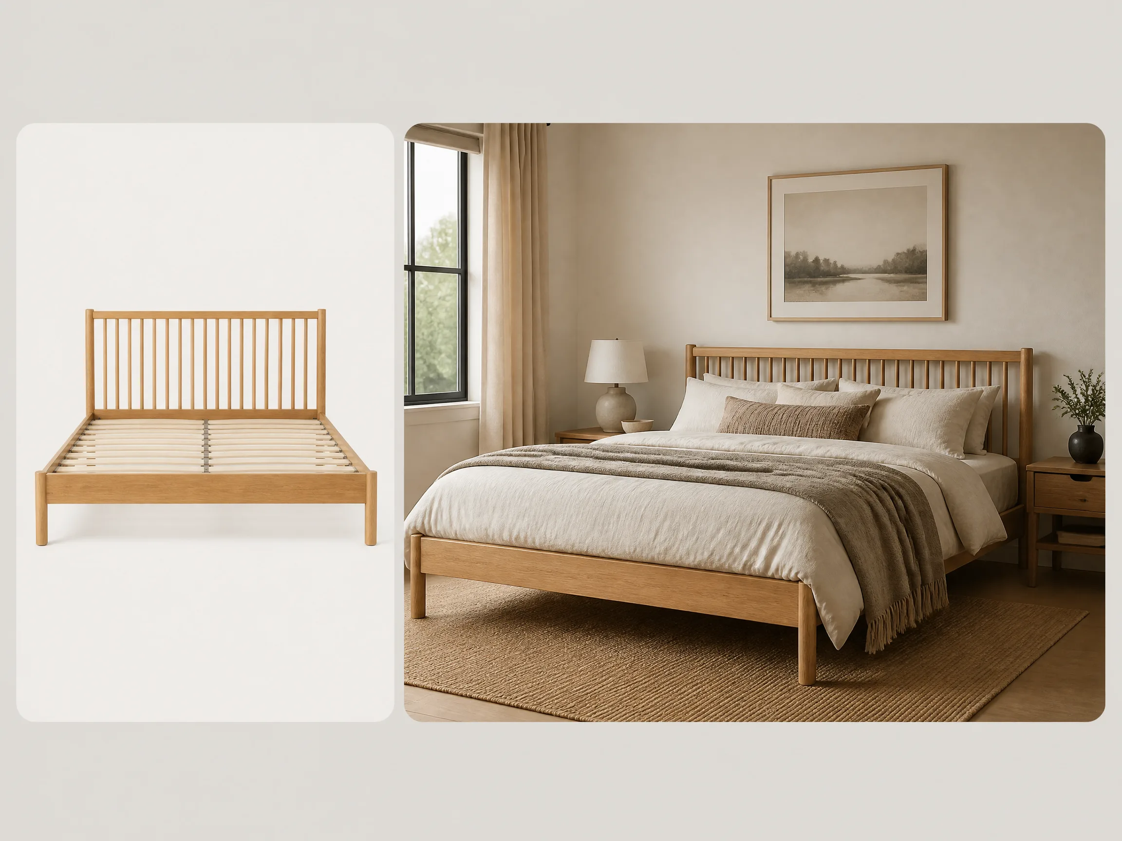 Editorial-style bed in bedroom illustration with a smaller bed frame source image in the upper left and a larger bedroom scene on the right.