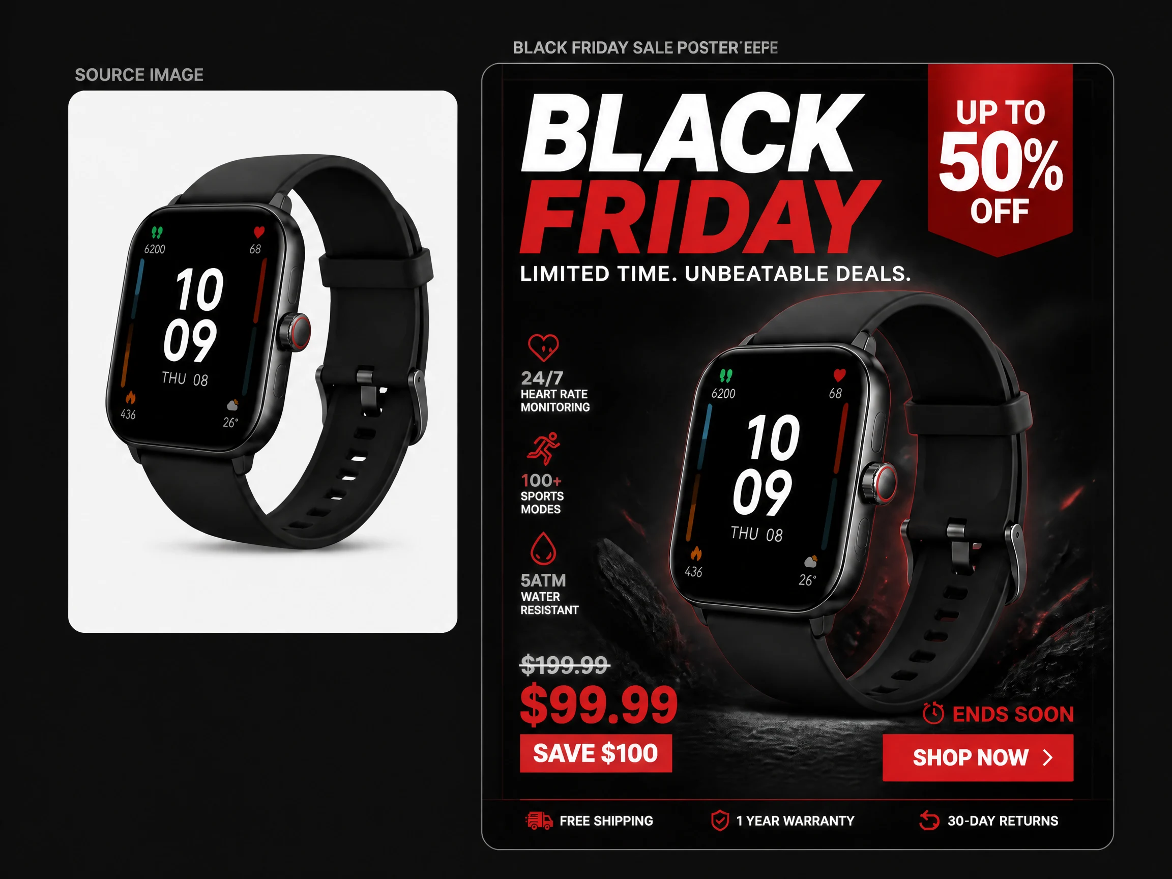 Editorial-style Black Friday product poster illustration with a smaller smartwatch source image in the upper left and a larger holiday sale poster on the right.