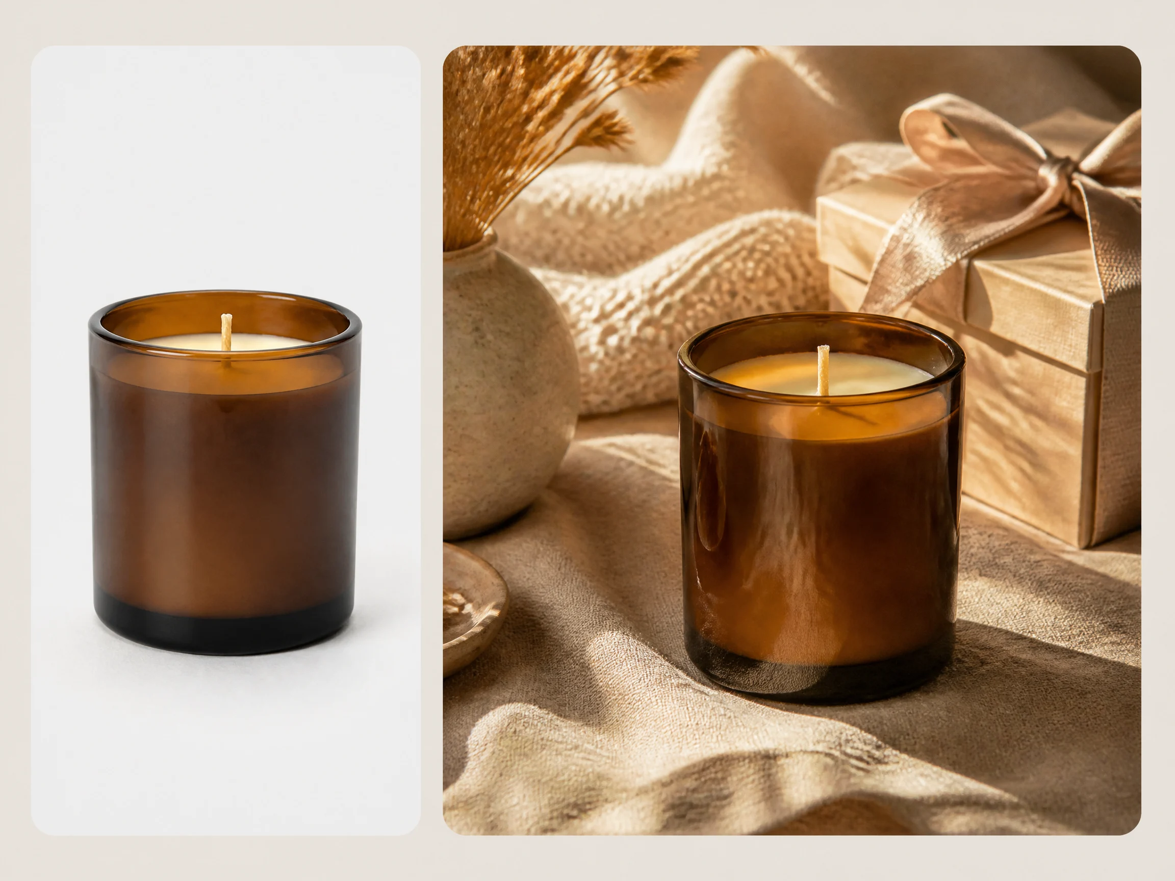 Editorial-style candle product photography illustration with a smaller candle jar source image in the upper left and a larger warm lifestyle result on the right.