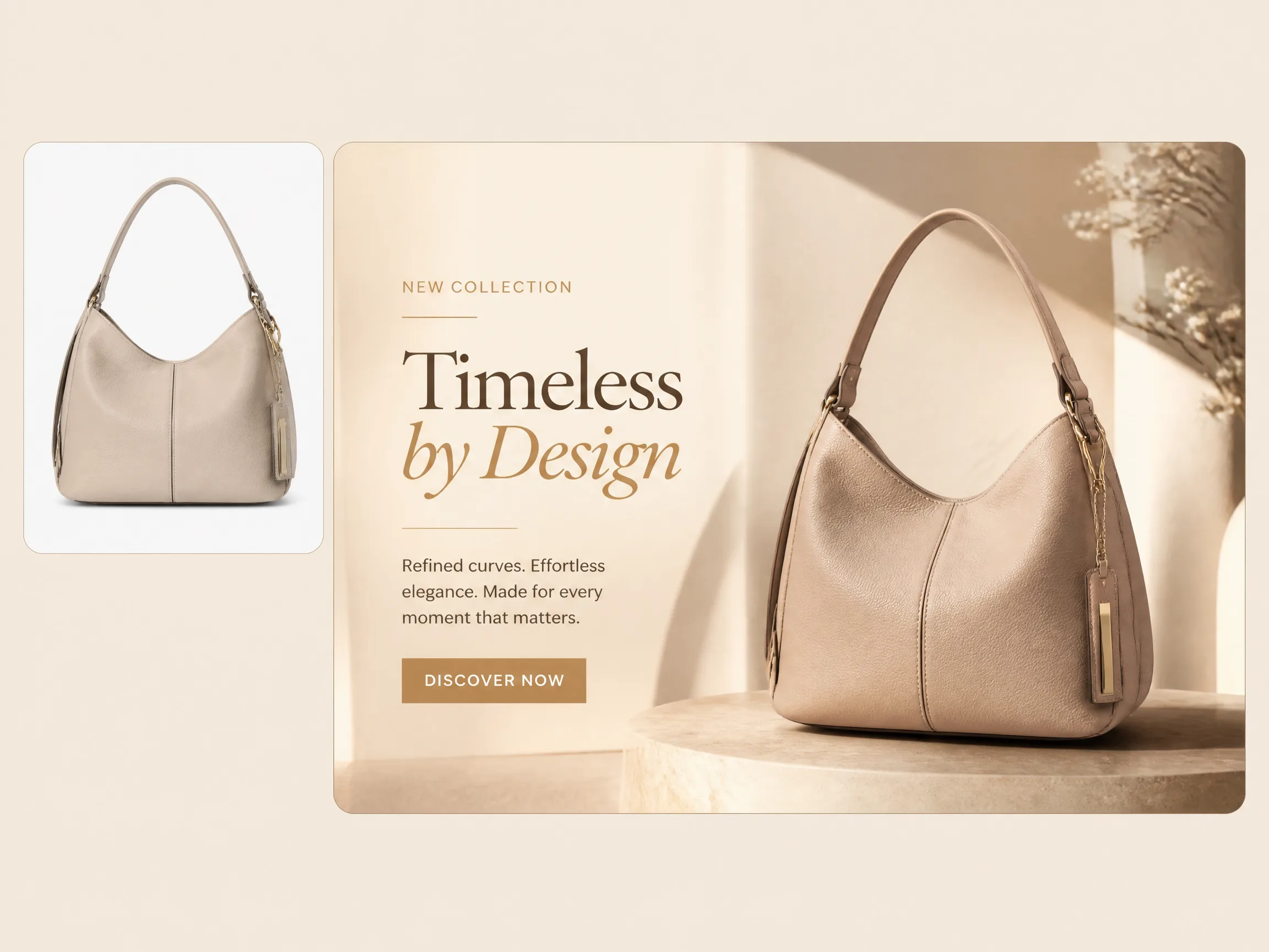 Editorial-style collection launch banner illustration with a smaller handbag source image in the upper left and a larger poster-style ecommerce launch banner with headline and CTA zones on the right.