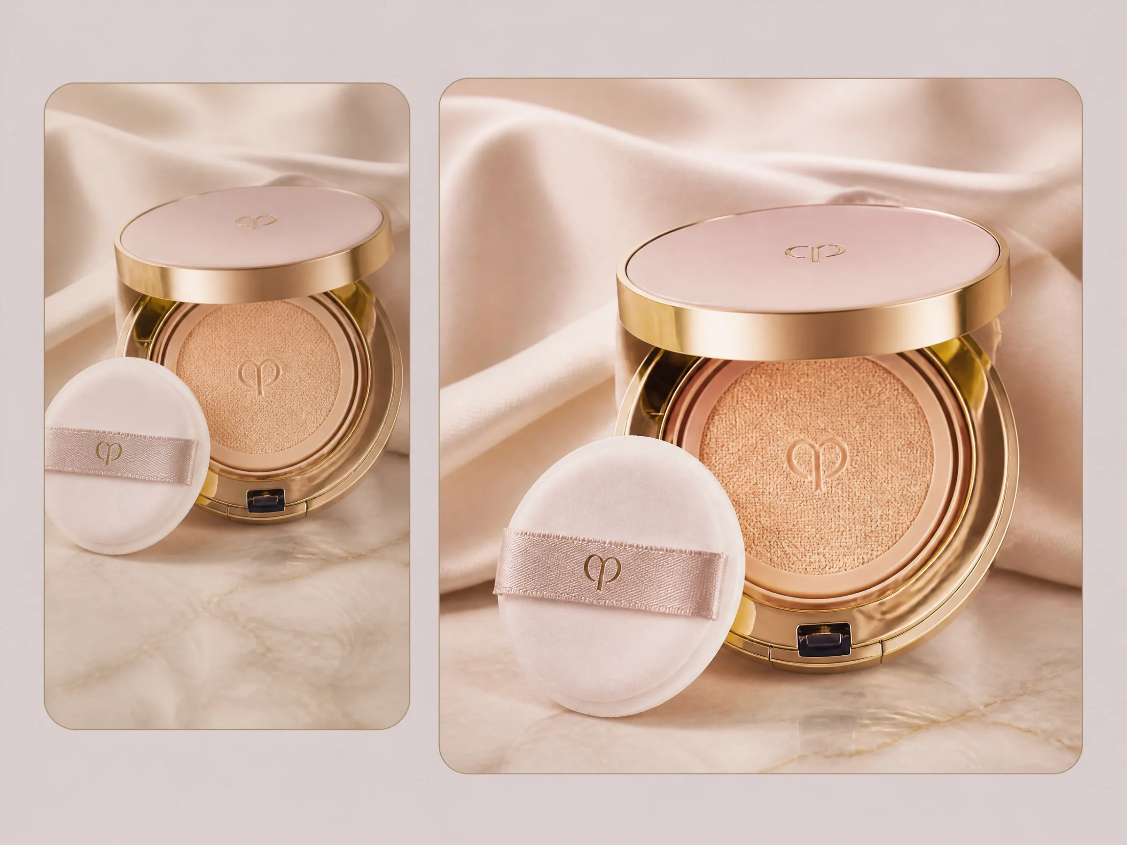 Editorial-style cosmetic product enhancement illustration with a smaller soft compact photo in the upper left and a larger sharper enhanced version on the right.
