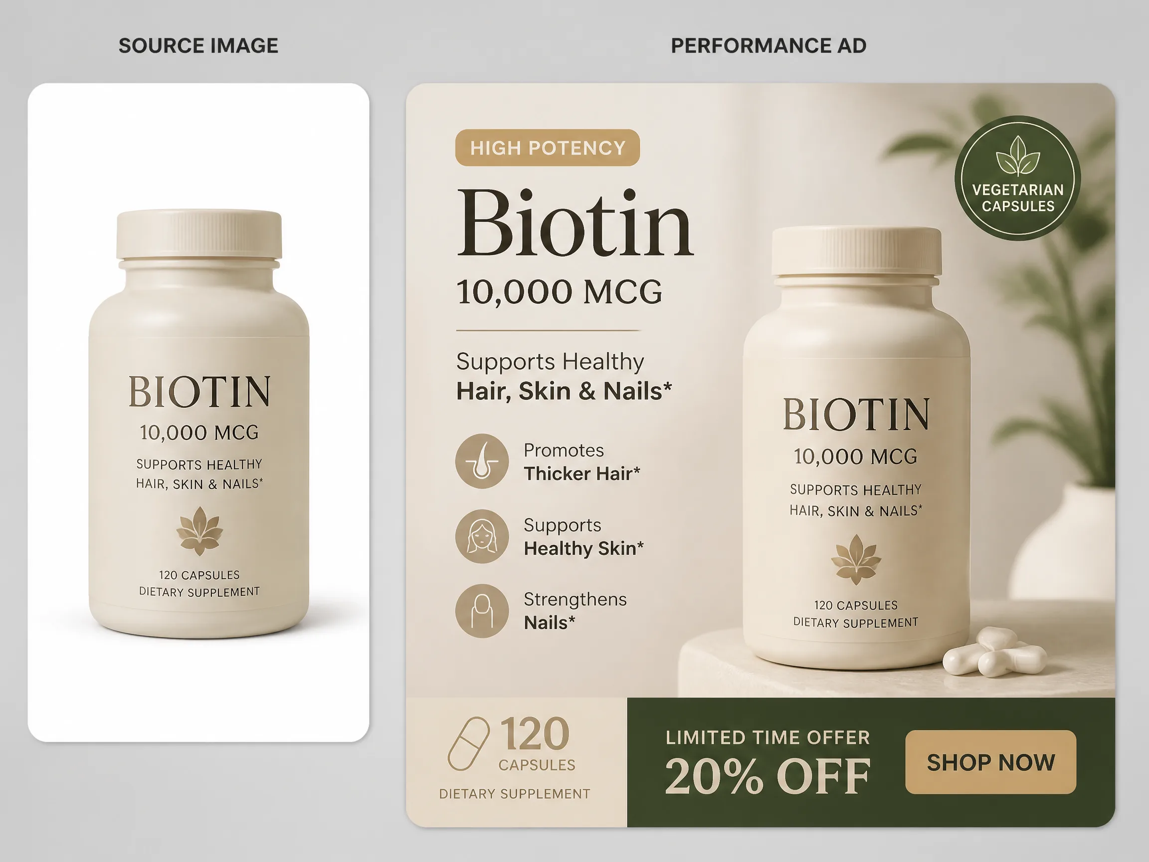 Editorial-style ecommerce ad creative illustration with a smaller supplement bottle source image in the upper left and a larger ad-ready result on the right.