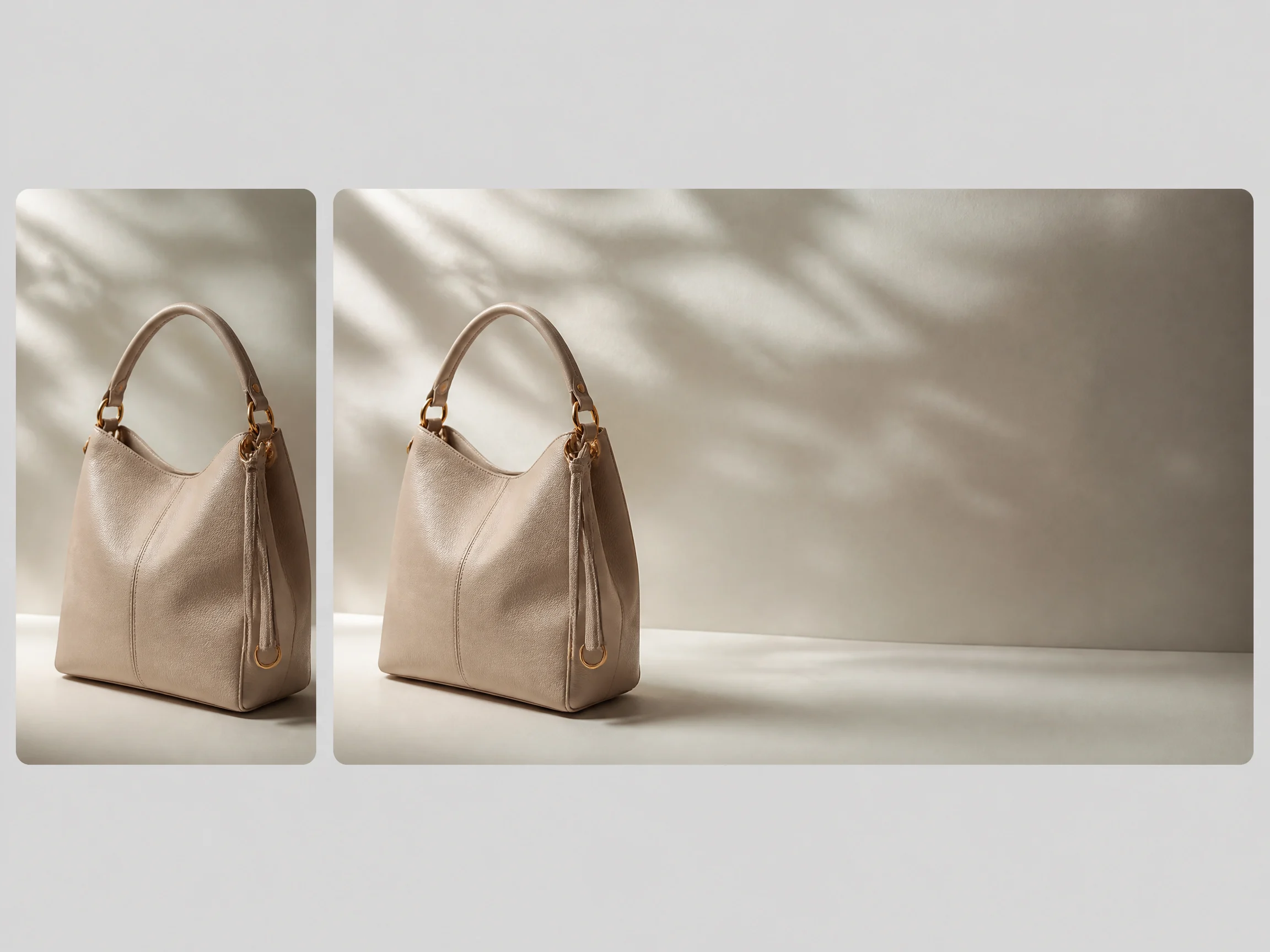 Editorial-style banner image expander illustration with a smaller tightly cropped handbag hero image in the upper left and a larger widened banner-ready version on the right.