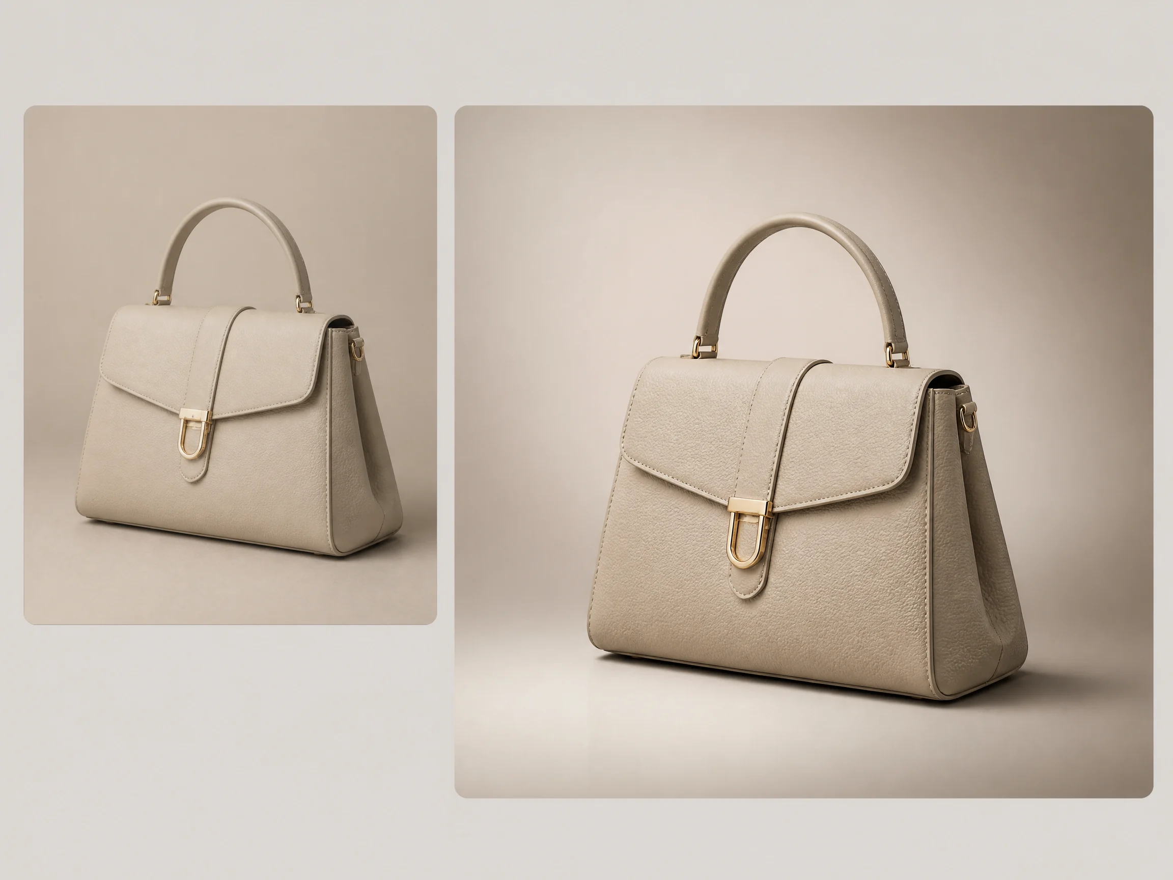 Editorial-style product enhancement illustration with a smaller soft handbag source image aligned to the top left and a larger sharper ecommerce result aligned to the top right.