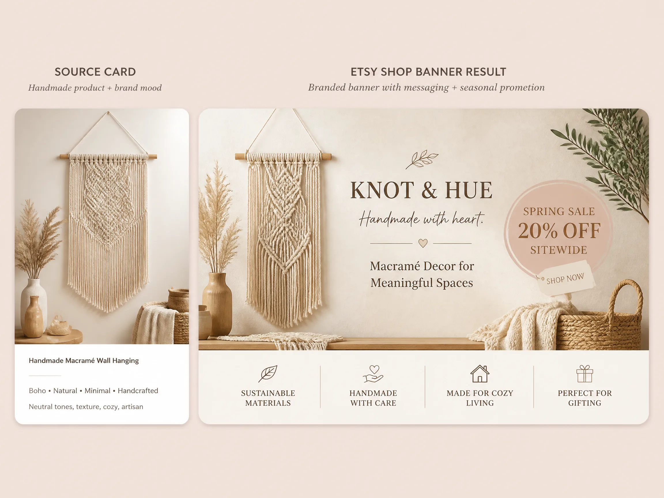 Editorial-style Etsy listing banner illustration with a smaller handmade product reference card in the upper left and a larger shop banner result on the right.